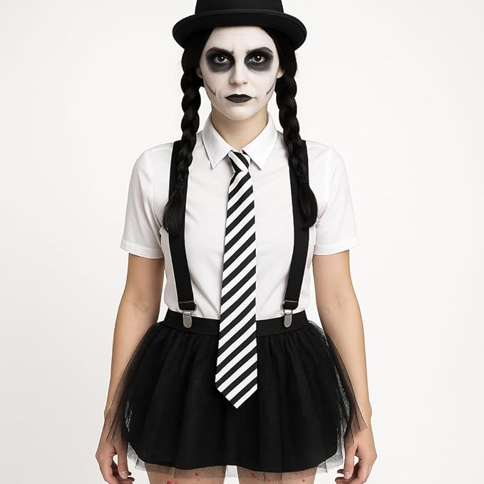 labreeze Gothic Halloween Costume Set with Black Tulle Skirt, Striped Tie, Suspenders and Bowler Hat – Women’s Fancy Dress Outfit for Halloween, Cosplay & Themed Parties