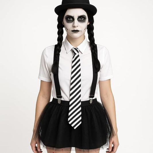 labreeze Gothic Halloween Costume Set with Black Tulle Skirt, Striped Tie, Suspenders and Bowler Hat – Women’s Fancy Dress Outfit for Halloween, Cosplay & Themed Parties