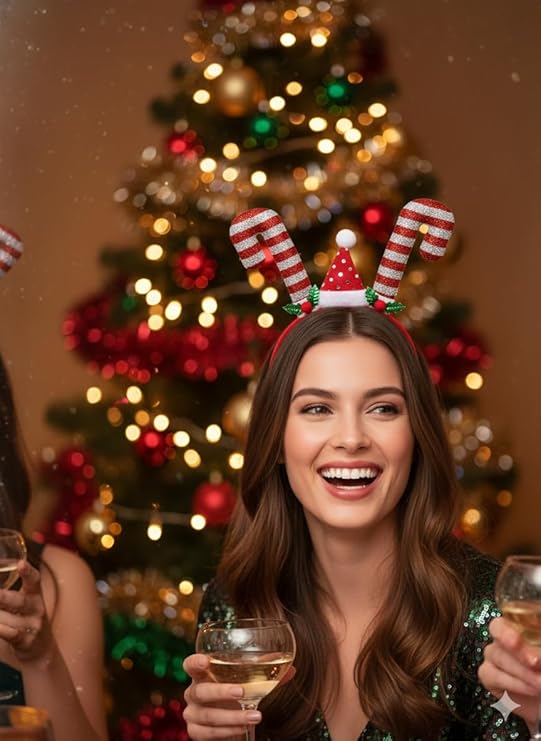 labreeze Tinsel Candy Stick with Xmas Hat Christmas Headband for Women – Festive Holiday Hair Accessory