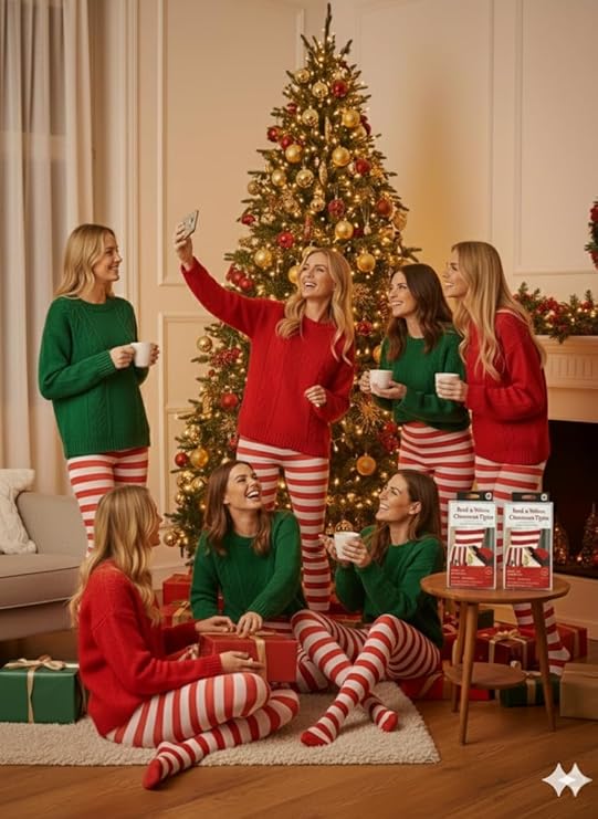 labreeze Pack of 7 Women’s Red and White Christmas Tights – Festive Striped Elf Tights for Holiday Costumes & Seasonal Events