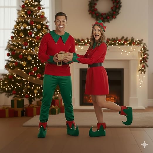labreeze Pack of 2 Adult Deluxe Elf Boots – Green & Red Plush Christmas Elf Shoes