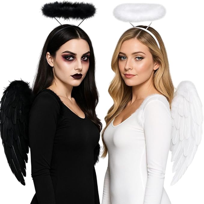 Adult Angel Wings and Halo Set – Black & White 4-Piece Pack for Women – Includes 2X Feather Wings and 2X Halos – Halloween Fancy Dress Costume Accessory
