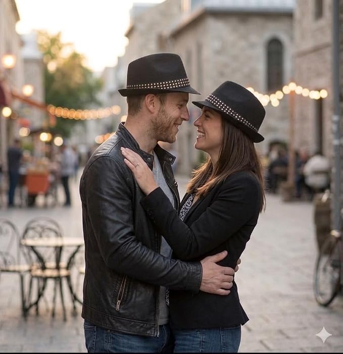 labreeze Matching Couple Black Trilby Hat Set with Gem Stone Band – 2 Pack Adult Fancy Dress Hats for Festivals & Cosplay