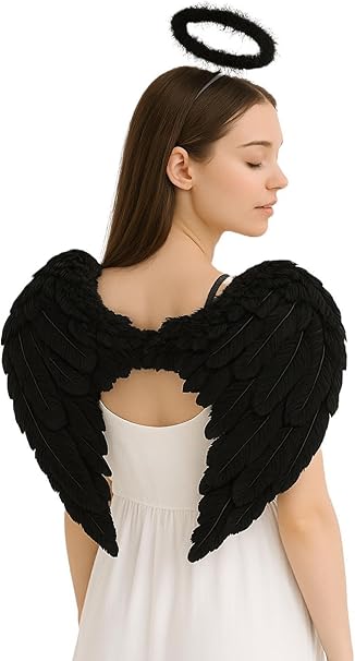 Adult Black Angel Wings and Halo 2-Piece Costume Set – Feather Fancy Dress Accessories for Women & Men – Halloween, Cosplay, Parties & Themed Events