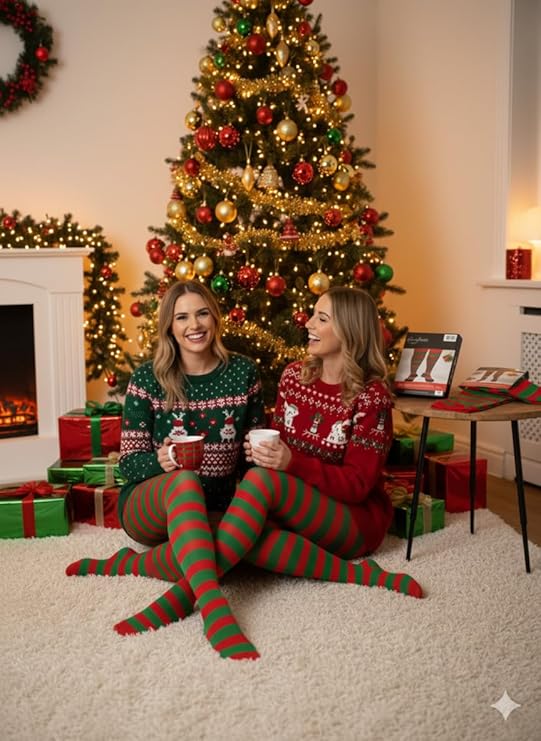 labreeze Pack of 2 Women’s Red and Green Christmas Tights – Festive Striped Elf Tights for Holiday Costumes & Seasonal Events