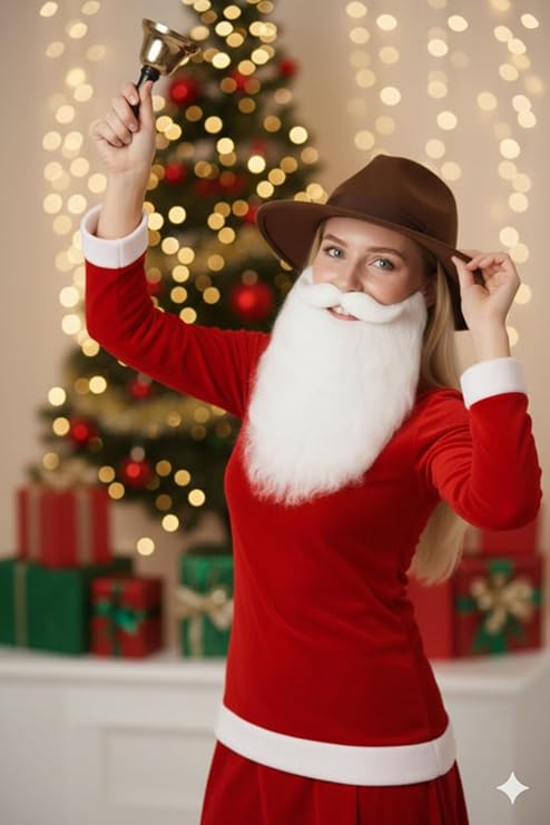 labreeze Brown Explorer Hat with Santa Beard & Gold Hand-Held Bell – Women’s Christmas Fancy Dress Accessory Set