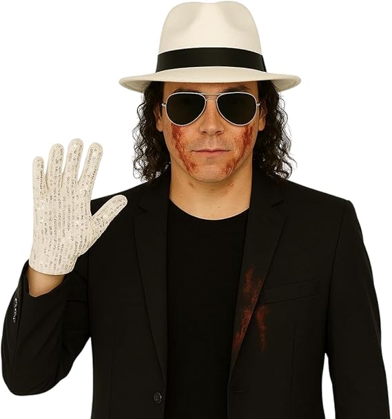 labreeze Halloween Pop Icon Costume Set – White Al Capone Gangster Hat, Black Sunglasses & Silver Sequin Glove – Fancy Dress Accessory Kit for Adults