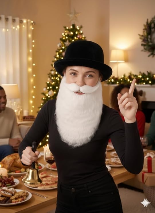 labreeze Black Velour Bowler Hat with Santa Beard & Gold Hand-Held Bell – Women’s Christmas Fancy Dress Accessory Set