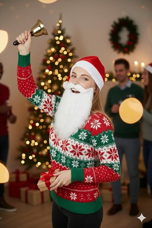 labreeze Santa Hat with Santa Beard & Gold Hand-Held Bell – Women’s Christmas Fancy Dress Accessory Set