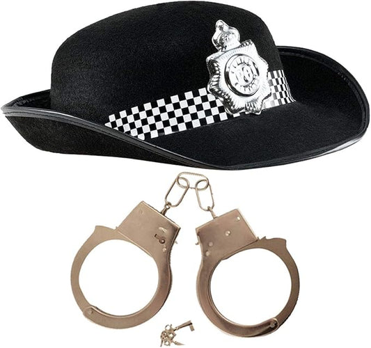 British WPC Police Cop Costume Set – Black Felt Hat with Badge & Metal Handcuffs – Fancy Dress Accessory Kit for Adults