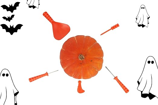 5-Piece Pumpkin Carving Tool Set Including Scoop, Safety Saw, Poker and Engraver – Halloween Jack O’ Lantern Accessories Kit for Kids