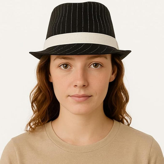 Labreeze Black Gangster Hat with White Band for Women – Vintage 1920s Al Capone Style, Fancy Dress Accessory, Retro Costume, Adult Party Headwear