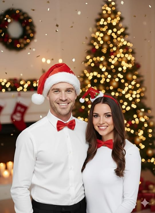 Labreeze Santa & Mrs Claus Couples Bundle – Santa Hat, Mini Santa Hat Headband & 2 Red Bow Ties – Christmas Costume Accessories