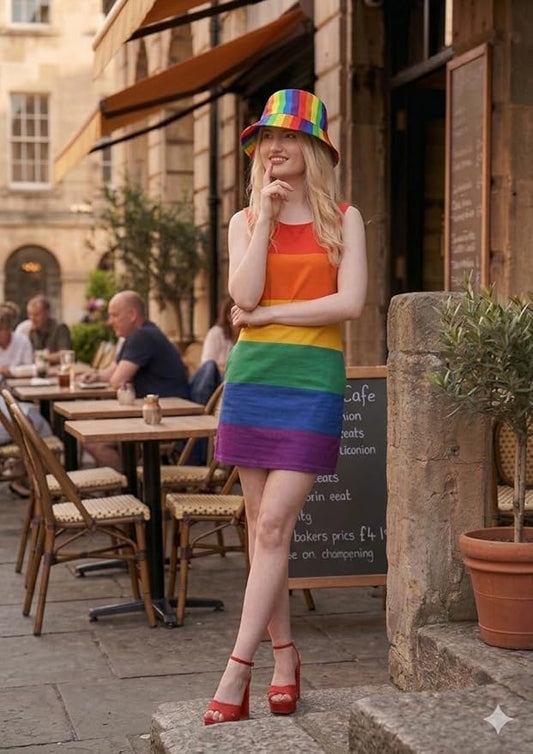 labreeze Pride Rainbow Dress & Bucket Hat Set – Multicolour Adult Festival Fancy Dress Outfit - Labreeze Ltd