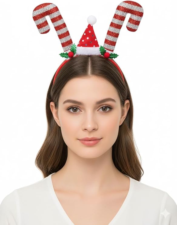 labreeze Tinsel Candy Stick with Xmas Hat Christmas Headband for Women – Festive Holiday Hair Accessory