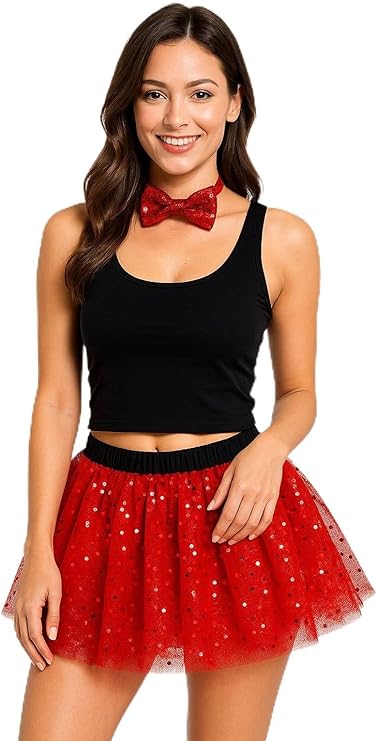 Labreeze Red Sequin Tutu & Bow Tie Set – Adult Sparkly Christmas Party Fancy Dress Costume