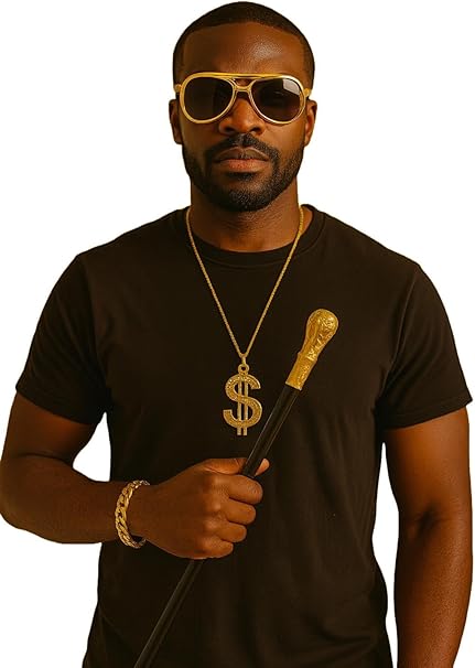 labreeze Pimp Fancy Dress Accessory Set – 3-Piece Cane with Top, Dollar Sign Necklace (11cm), Bling Bracelet (31cm) & Retro Sunglasses – Costume Kit for Parties, Halloween & Themed Events
