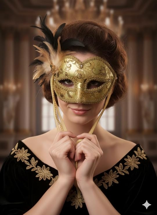 labreeze Gold Venetian Masquerade Eye Mask with Feather – Glitter & Ribbon Costume Accessory