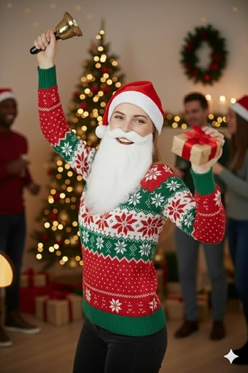 labreeze Santa Hat with Santa Beard & Gold Hand-Held Bell – Women’s Christmas Fancy Dress Accessory Set