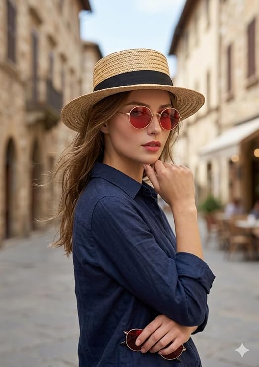 labreeze Straw Boater Hat & Gold Frame Glasses Set with Red Lenses – Vintage Fancy Dress Accessories