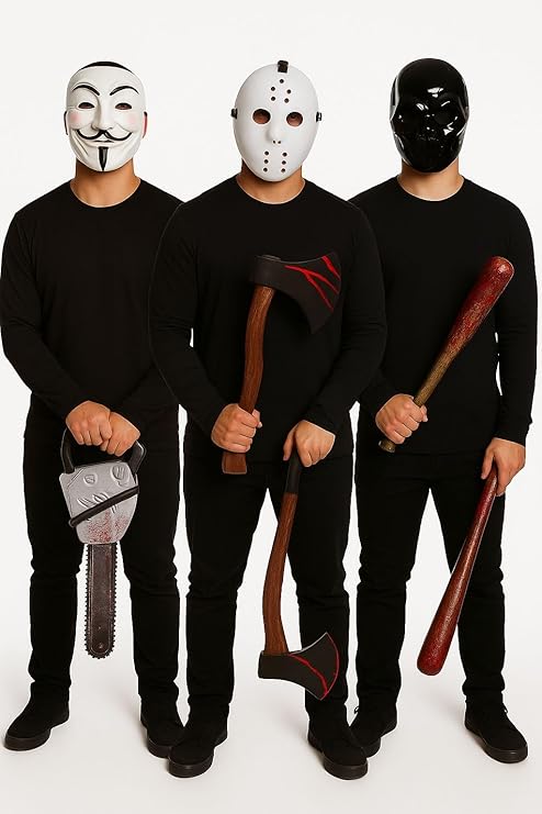 Halloween Masks & Weapons Set – Vendetta Face Mask, Hockey Mask, Black Robot Mask, 2x Fake Bloodied Axe, 2x Bloody Baseball Bat with Barbed Wire & Bloody Chainsaw – Scary Horror Costume Accessories