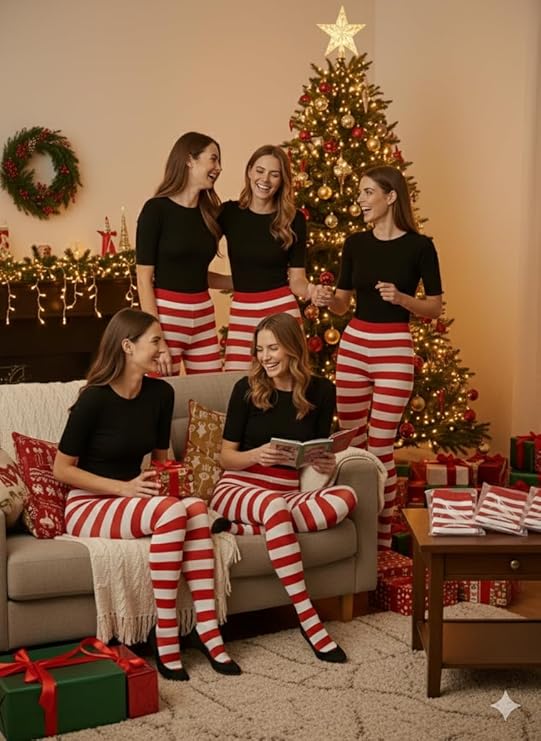 labreeze Pack of 5 Women’s Red and White Christmas Tights – Festive Striped Elf Tights for Holiday Costumes & Seasonal Events