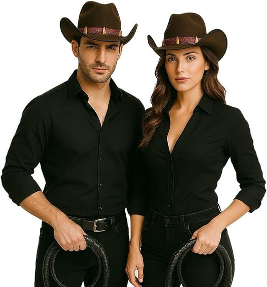 labreeze 2 Brown Cowboy Hats with Teeth & 2 Explorer Whips (2m) Set for Couple – Perfect for Western, Cowboy, Explorer Themed Costumes – Ideal for Halloween, Cosplay, and Party Costumes