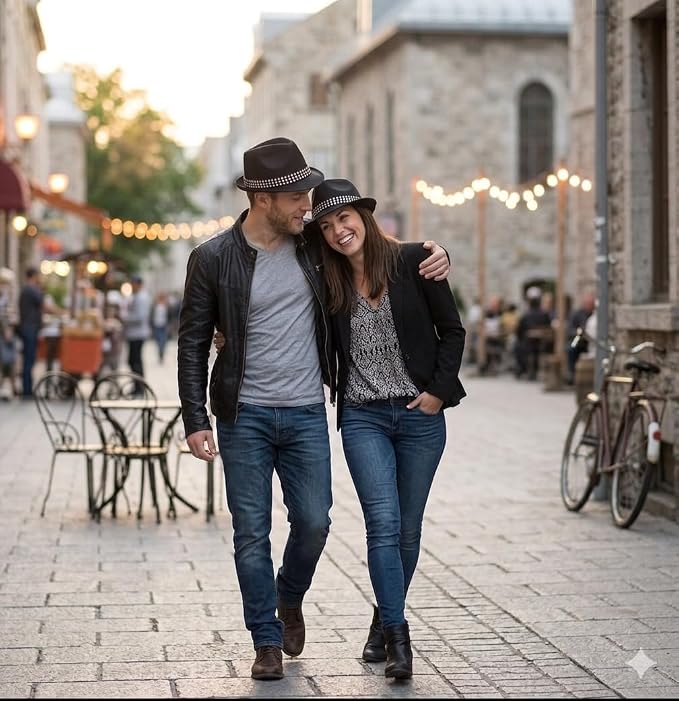 labreeze Matching Couple Black Trilby Hat Set with Gem Stone Band – 2 Pack Adult Fancy Dress Hats for Festivals & Cosplay