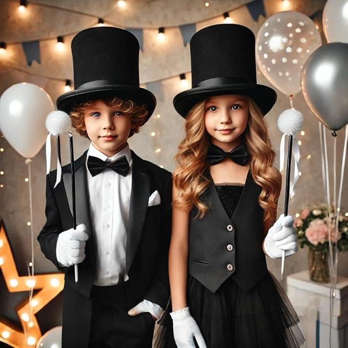 labreeze Black Satin Top Hat with Magic Wand (26.5cm) and White Gloves – Magician Costume Accessory Set