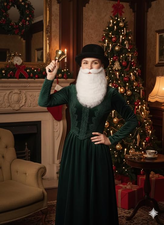 labreeze Black Velour Bowler Hat with Santa Beard & Gold Hand-Held Bell – Women’s Christmas Fancy Dress Accessory Set