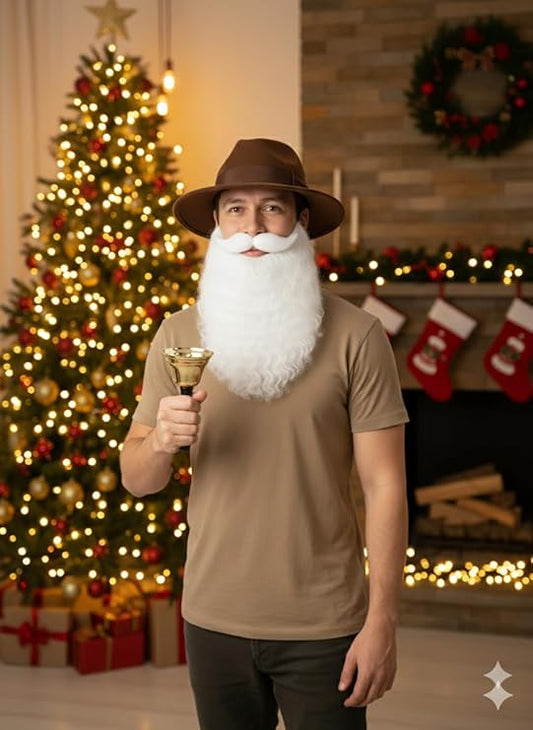 labreeze Brown Explorer Hat with Santa Beard & Gold Hand-Held Bell – Men’s Christmas Fancy Dress Accessory Set