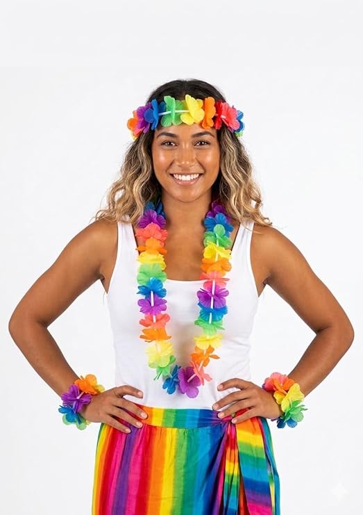 labreeze Hula Lei 4 Piece Set – Multicoloured Neon Hawaiian Party Accessories
