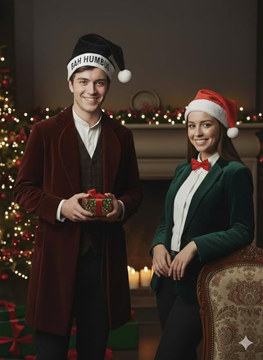 Labreeze Couples Christmas Set with Bah Humbug Hat, Santa Hat and Red Bow Tie – Festive Holiday Costume Accessories
