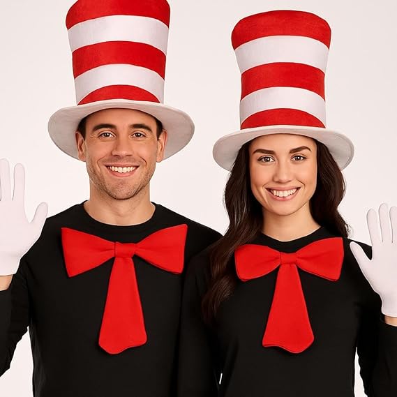 labreeze Couples’ Red and White Top Hat Costume Set – 2 Tall Striped Hats, 2 Red Bow Ties (34×23.5cm) & 2 Pairs White Gloves – Fancy Dress for Men & Women