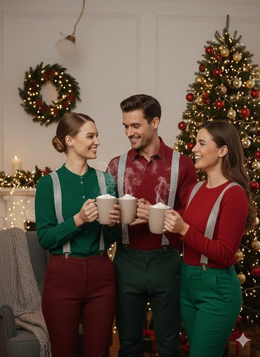 Labreeze Pack of 3 Silver Sequin Braces – Adjustable Sparkly Suspenders for Adults & Teens