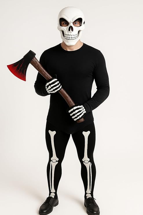 labreeze Halloween Skeleton Costume Set with Mask, Axe, Gloves and Bone Print Tights – Adult Scary Horror Fancy Dress Outfit – Black and White Skeleton Cosplay Accessories for Halloween Parties