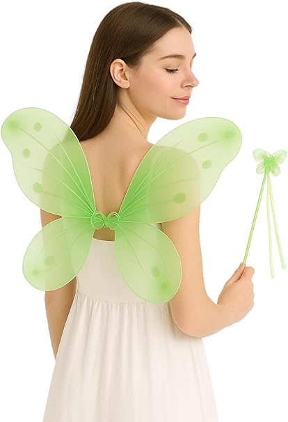 Glitter Green Fairy Wings with Matching Wand – 2-Piece Costume Accessory Set for Adults and Kids – Dress-Up Outfit for Halloween, Parties & Fairy Themed Events