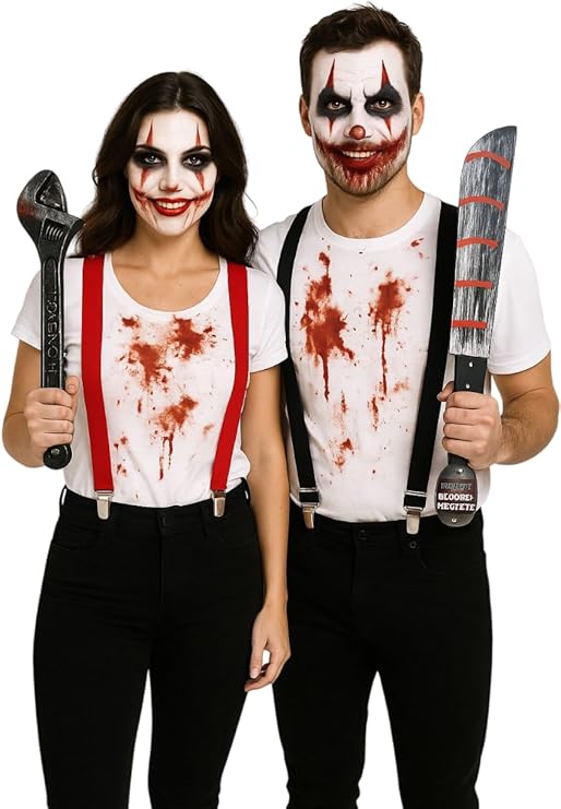Fake Bloodied Machete (50cm), Bloodied Wrench, Black & Red Braces Set for Couples – Halloween Horror Fancy Dress Costume Accessories – Scary Killer & Victim Matching Outfit Props