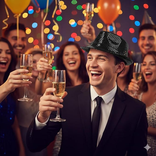 Labreeze Black Sequin Gangster Hat (Adult) – Sparkly Fancy Dress Fedora for Christmas & Party Costumes
