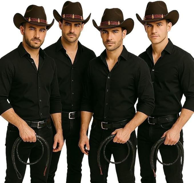 labreeze Brown Cowboy Hat with Teeth & Explorer Whip (2m) Set for 4 – Perfect for Western, Cowboy, Explorer Themed Costumes – Ideal for Group Costumes, Halloween, Cosplay, and Themed Parties
