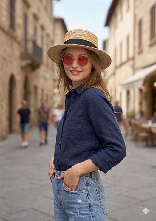 labreeze Straw Boater Hat & Gold Frame Glasses Set with Red Lenses – Vintage Fancy Dress Accessories