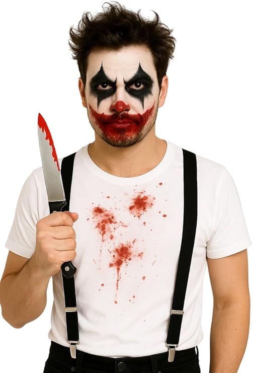 Men’s Halloween Costume Set – Black Braces & 31cm Fake Bloodied Knife – Scary Horror Fancy Dress Accessory for Adults, Halloween Parties & Cosplay Outfits