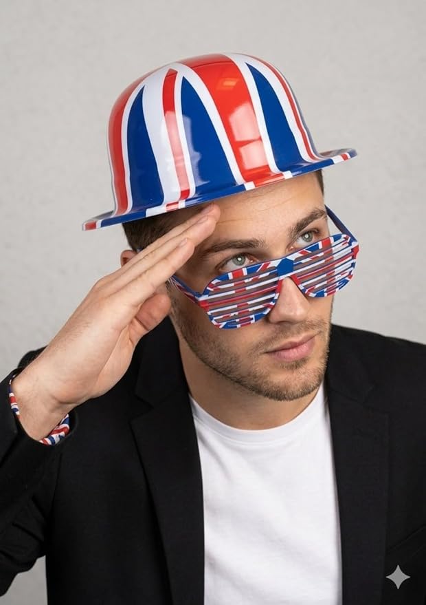Union Jack Plastic Bowler Hat & Shutter Glasses Set – Red British Pride Costume Accessory (Adult Unisex) - Labreeze Ltd