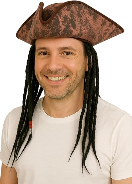 labreeze Adult Deluxe Brown Pirate Hat with Hair for Mens – Fancy Dress Costume Accessory, Halloween Party, Pirate Captain Hat, Retro Cosplay Headwear