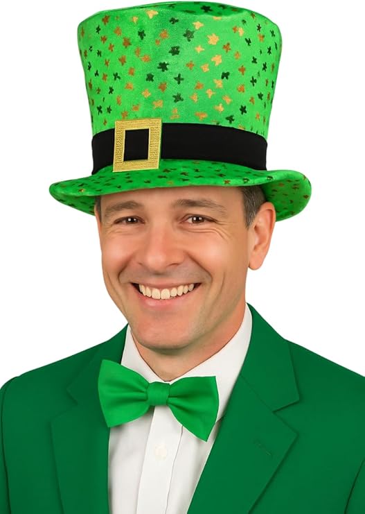 Irish Shamrock Top Hat with Gold Buckle – Men’s St. Patrick’s Day Green Fancy Dress Hat, Adult Irish Costume Party Accessory
