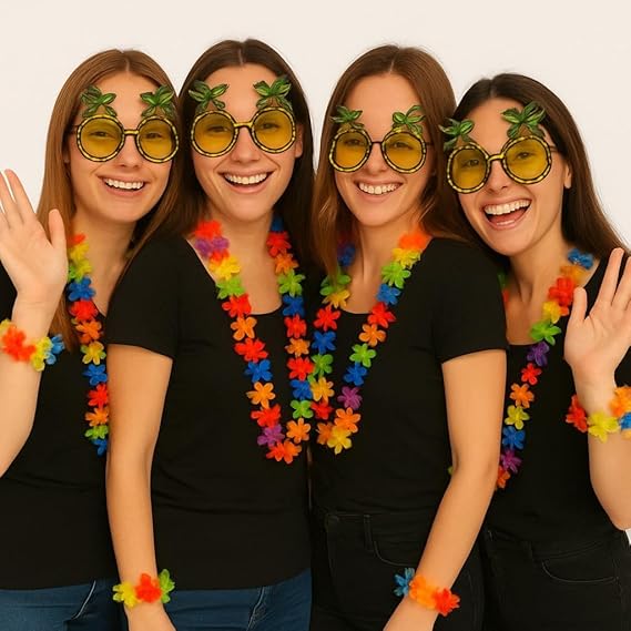 labreeze Tropical Party Accessories Set, Pineapple Sunglasses and Hawaiian Leis, Luau Fancy Dress Kit for 4 Women