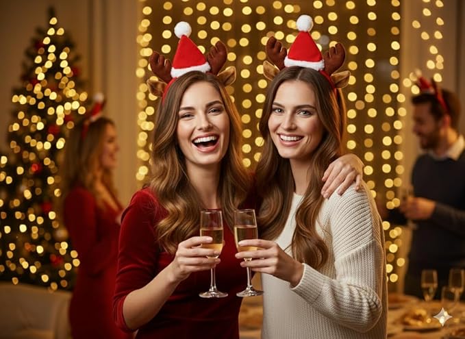 labreeze Pack of 2 Reindeer Antler Headbands with Ears and Santa Hat – Christmas Hair Accessories for Women