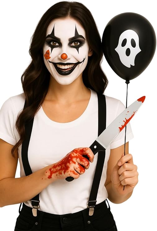 Fake Bloodied Knife 31cm Halloween Costume Accessory and Black Braces Set for Women – Scary Horror Fancy Dress Outfit Prop for Halloween Party & Cosplay