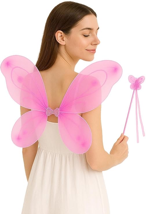 Glitter Light Pink Fairy Wings with Wand – 2-Piece Costume Accessory Set for Girls & Adults – Sparkly Fancy Dress Outfit for Parties, Halloween & Princess Themes