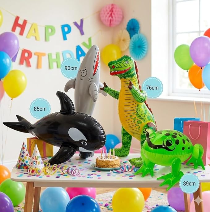 labreeze Set of 4 Inflatable Animal Toys – Shark, T-Rex Dinosaur, Whale & Frog Party Decorations - Labreeze Ltd